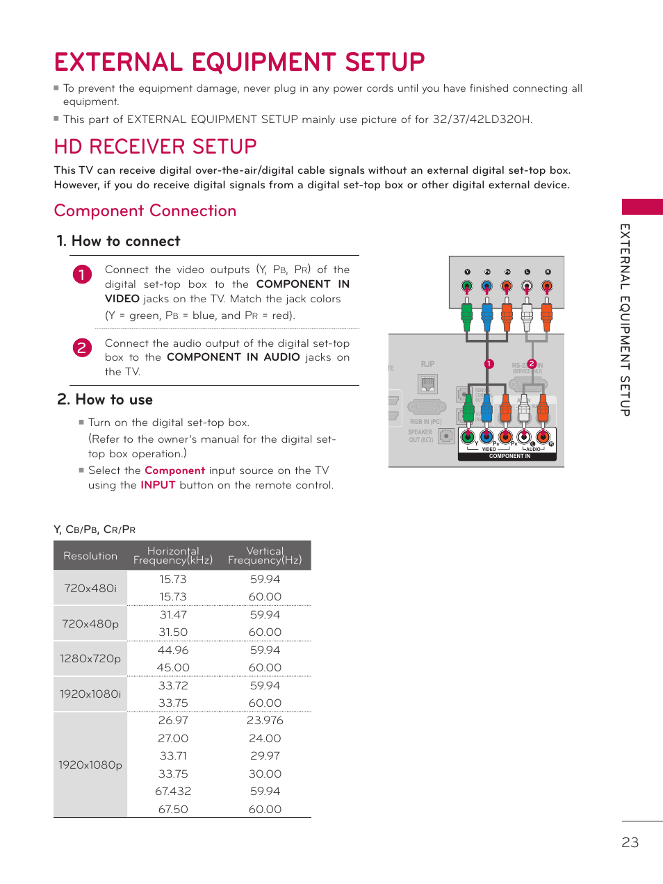 External equipment setup, Hd receiver setup, Component connection | How to connect, How to use, Connect the video outputs (y, p, Blue, and p, Red) | LG 32LD340H User Manual | Page 23 / 317