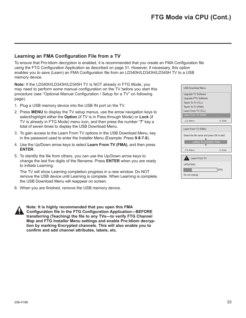 Ftg mode via cpu (cont.), Learning an fma configuration file from a tv | LG 32LD340H User Manual | Page 245 / 317
