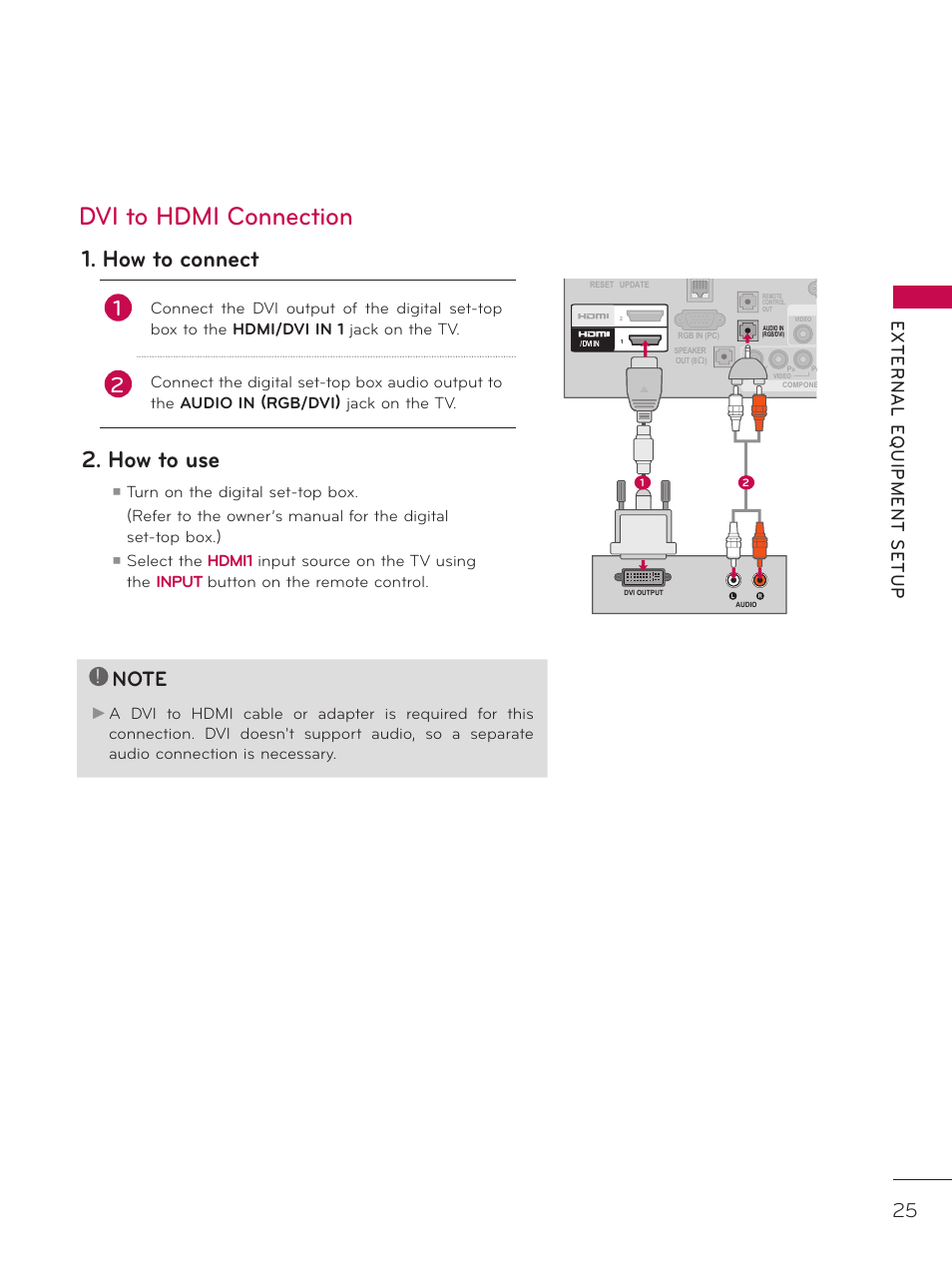 Dvi to hdmi connection, How to connect, How to use | Turn on the digital set-top box | LG 32LD340H User Manual | Page 25 / 317