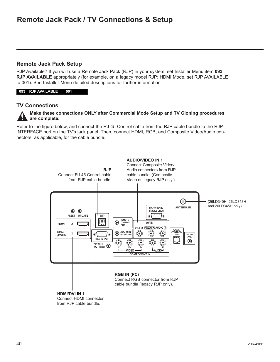Remote jack pack / tv connections & setup, Remote jack pack setup, Tv connections | LG 32LD340H User Manual | Page 252 / 317
