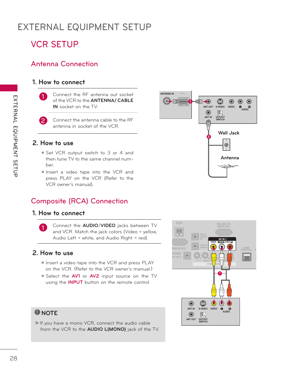 Vcr setup, Antenna connection, Composite (rca) connection | External equipment setup, How to connect, How to use, Wall jack antenna | LG 32LD340H User Manual | Page 28 / 317