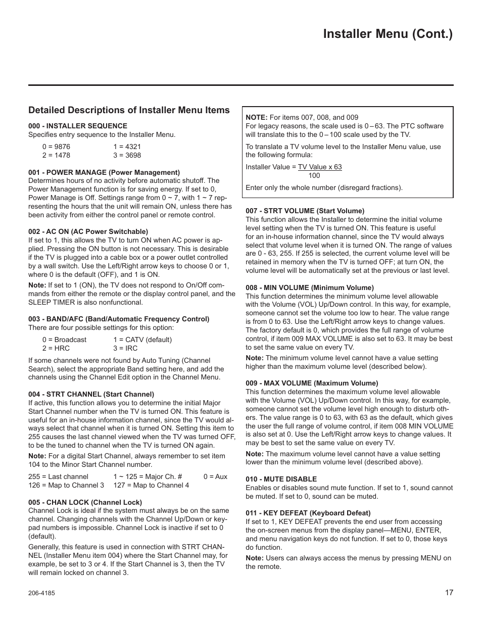 Installer menu (cont.), Detailed descriptions of installer menu items | LG 32LD340H User Manual | Page 284 / 317