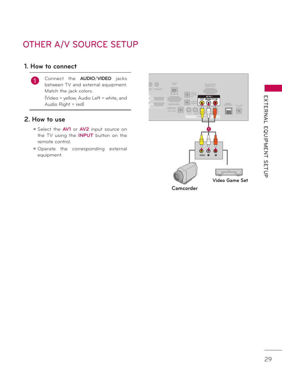 Other a/v source setup, How to connect, How to use | Camcorder, Video game set, Operate the corresponding external equipment | LG 32LD340H User Manual | Page 29 / 317