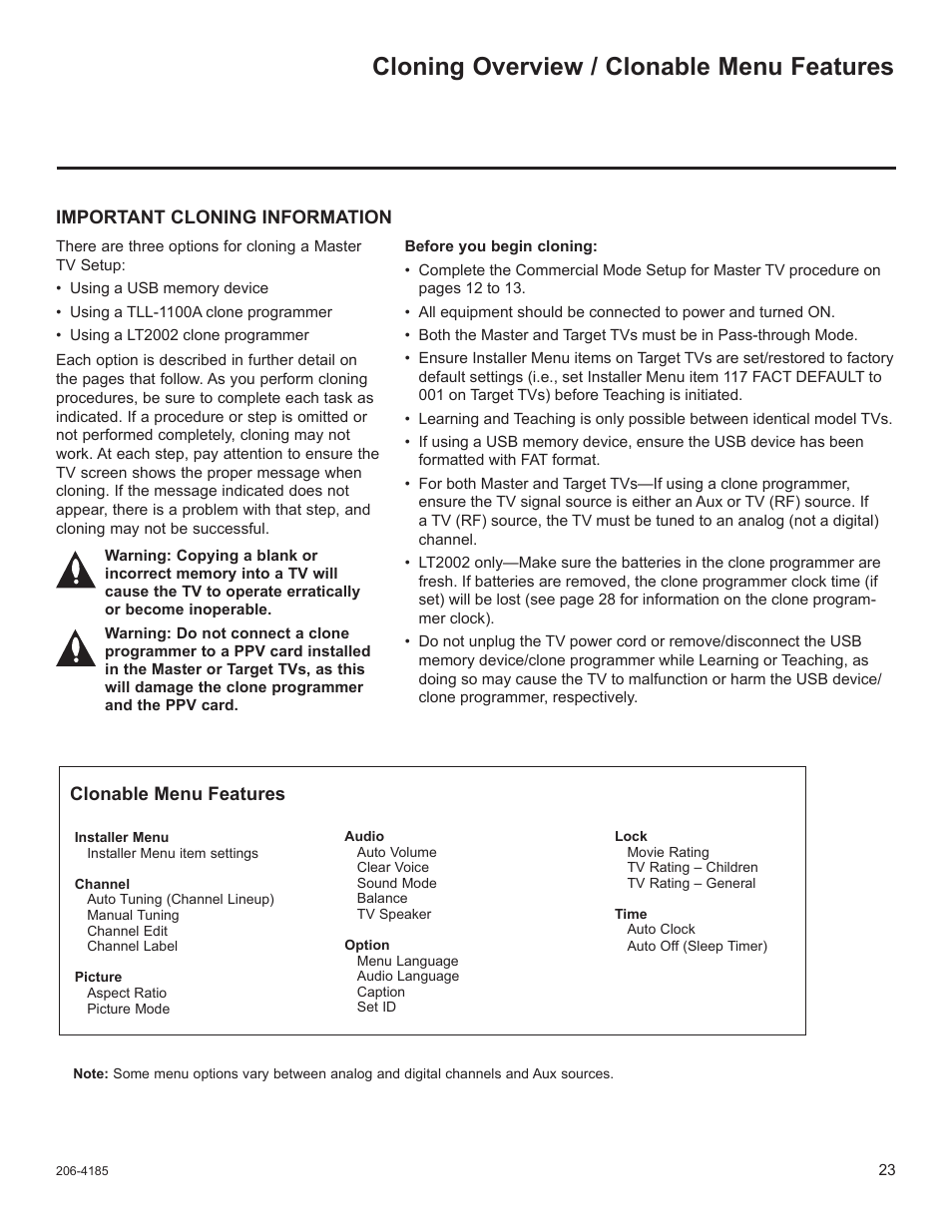 Cloning overview / clonable menu features | LG 32LD340H User Manual | Page 290 / 317