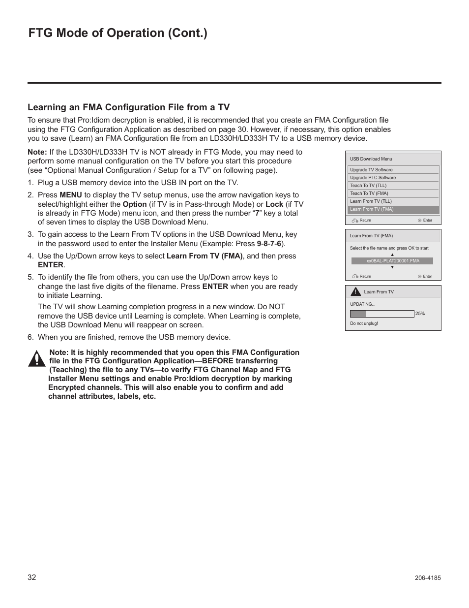 Ftg mode of operation (cont.), Learning an fma configuration file from a tv | LG 32LD340H User Manual | Page 299 / 317