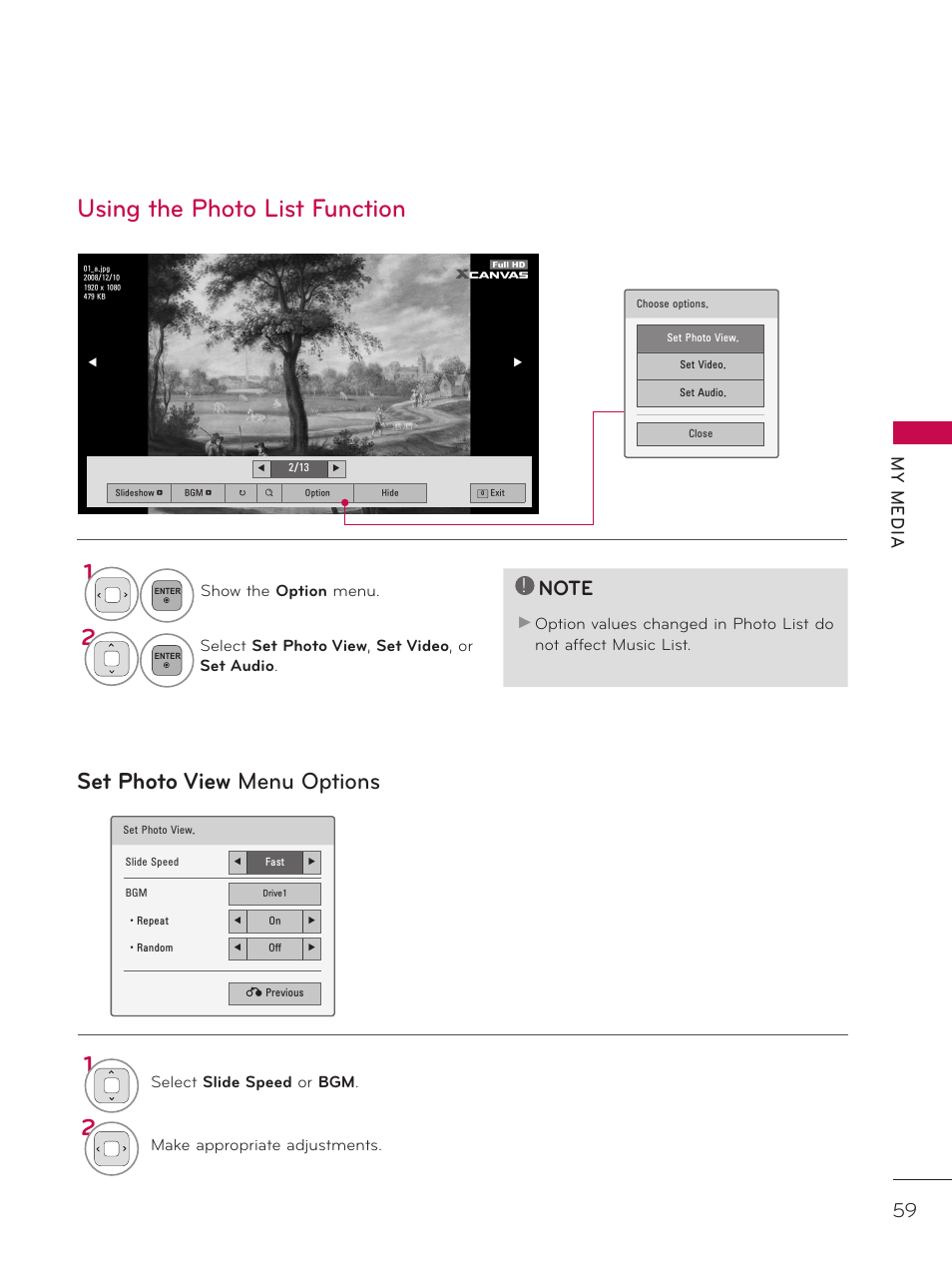 Using the photo list function, Set photo view menu options, My m ed ia | LG 32LD340H User Manual | Page 59 / 317