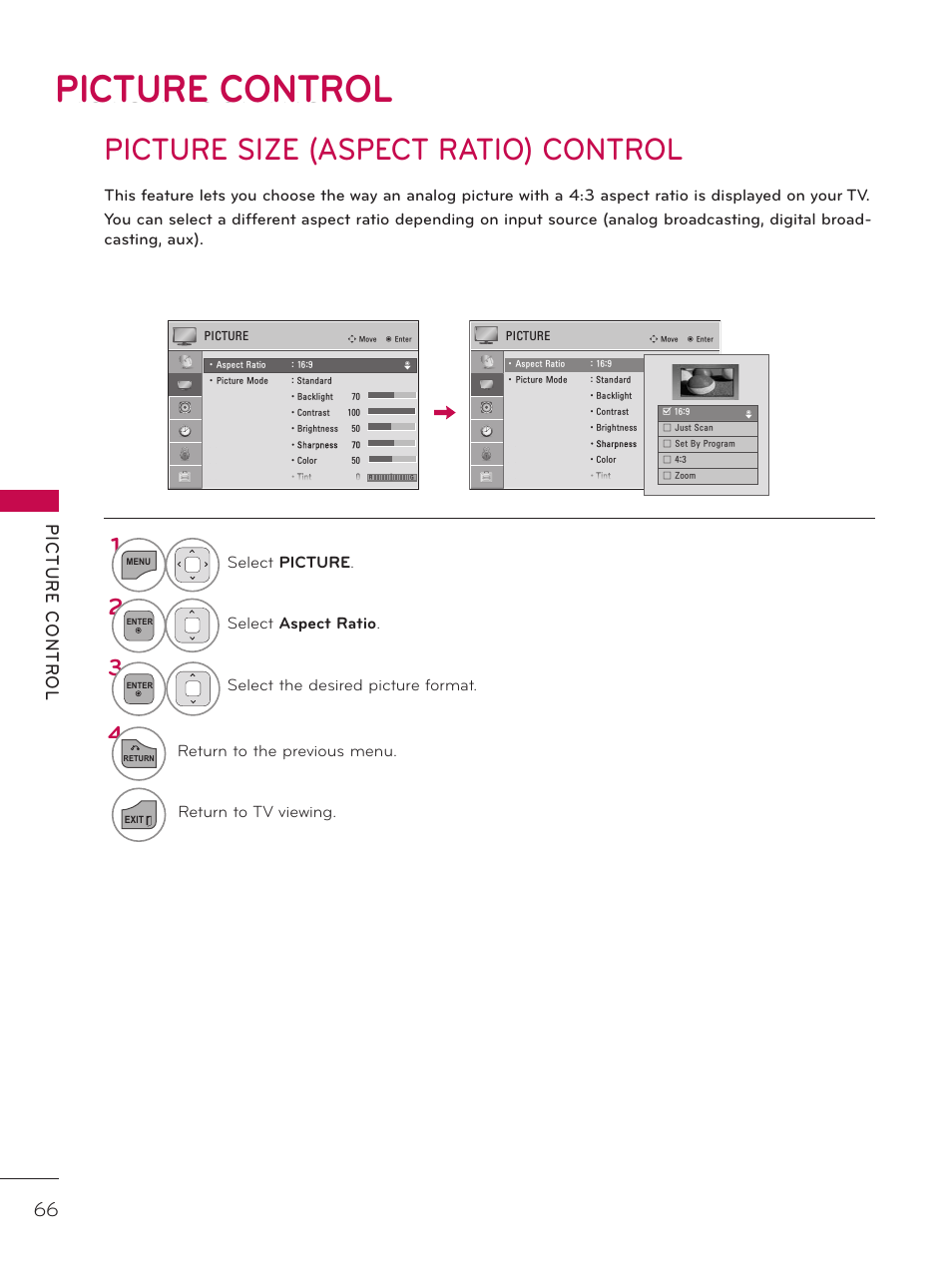 Picture control, Picture size (aspect ratio) control | LG 32LD340H User Manual | Page 66 / 317