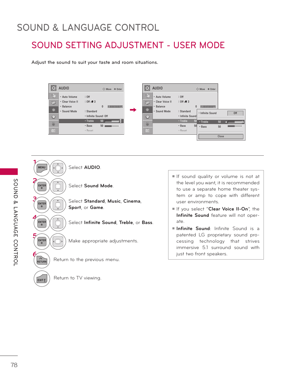 Sound setting adjustment - user mode, Sound & language control | LG 32LD340H User Manual | Page 78 / 317