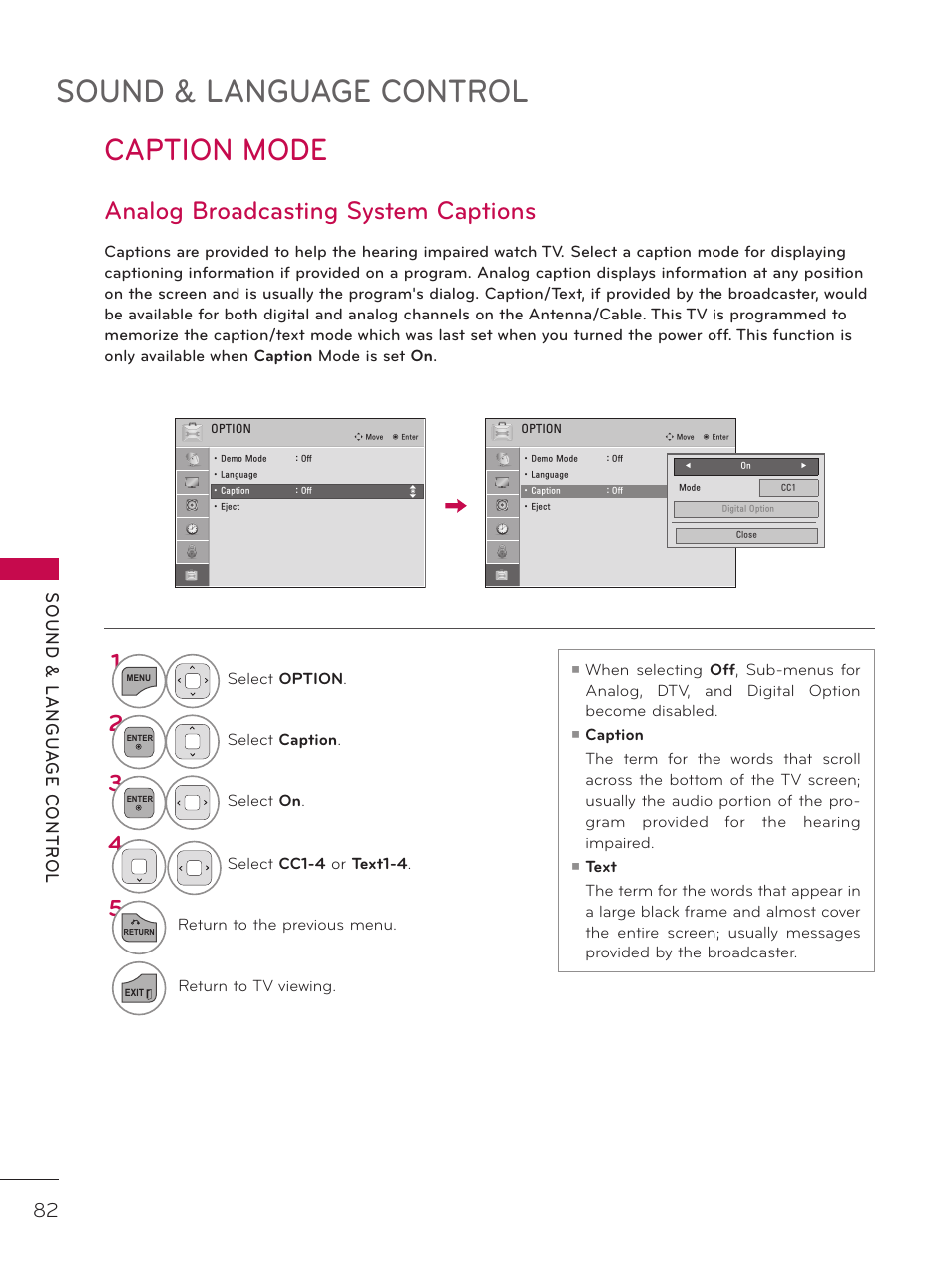 Caption mode, Analog broadcasting system captions, Sound & language control | LG 32LD340H User Manual | Page 82 / 317