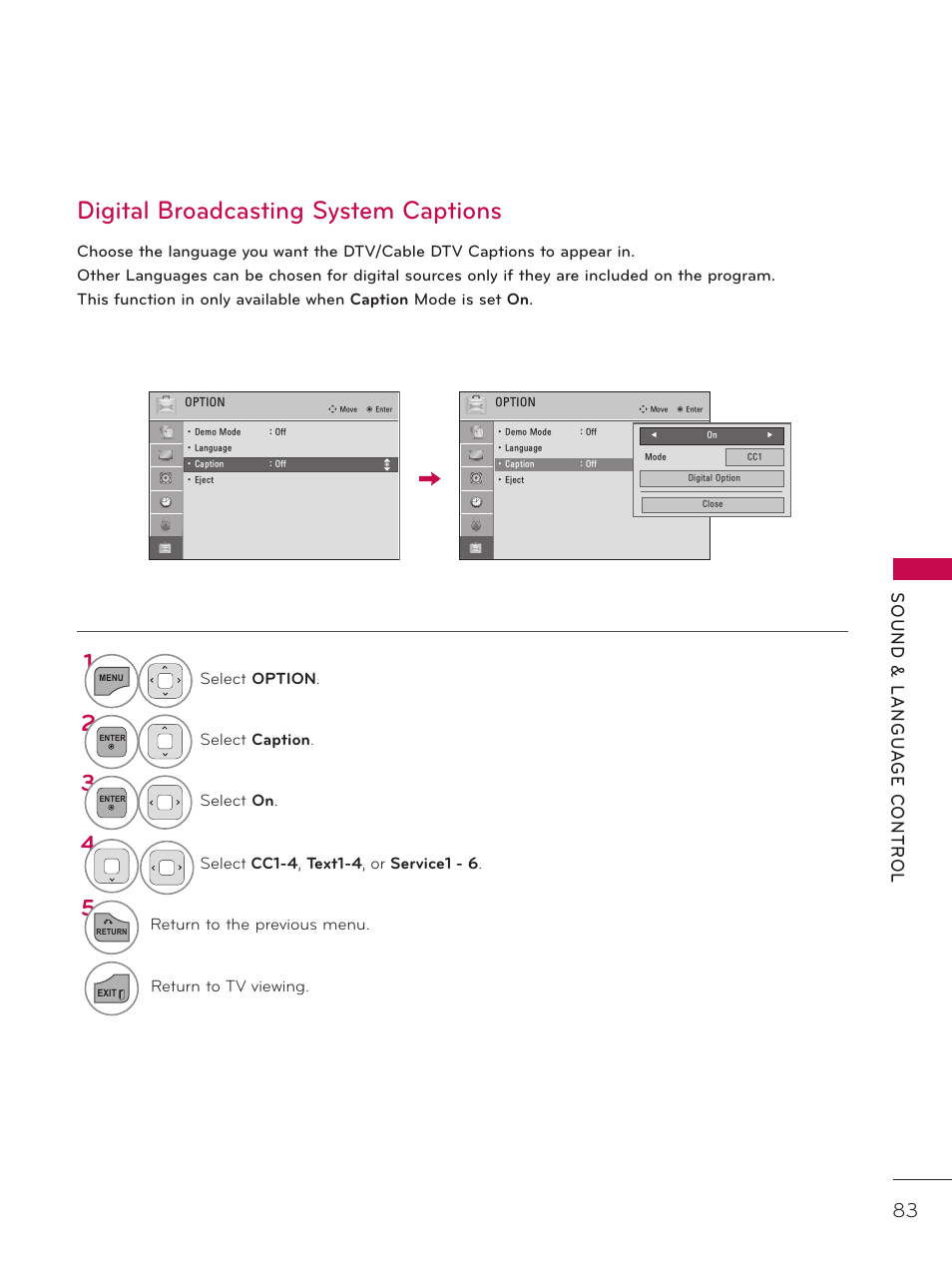 Digital broadcasting system captions | LG 32LD340H User Manual | Page 83 / 317