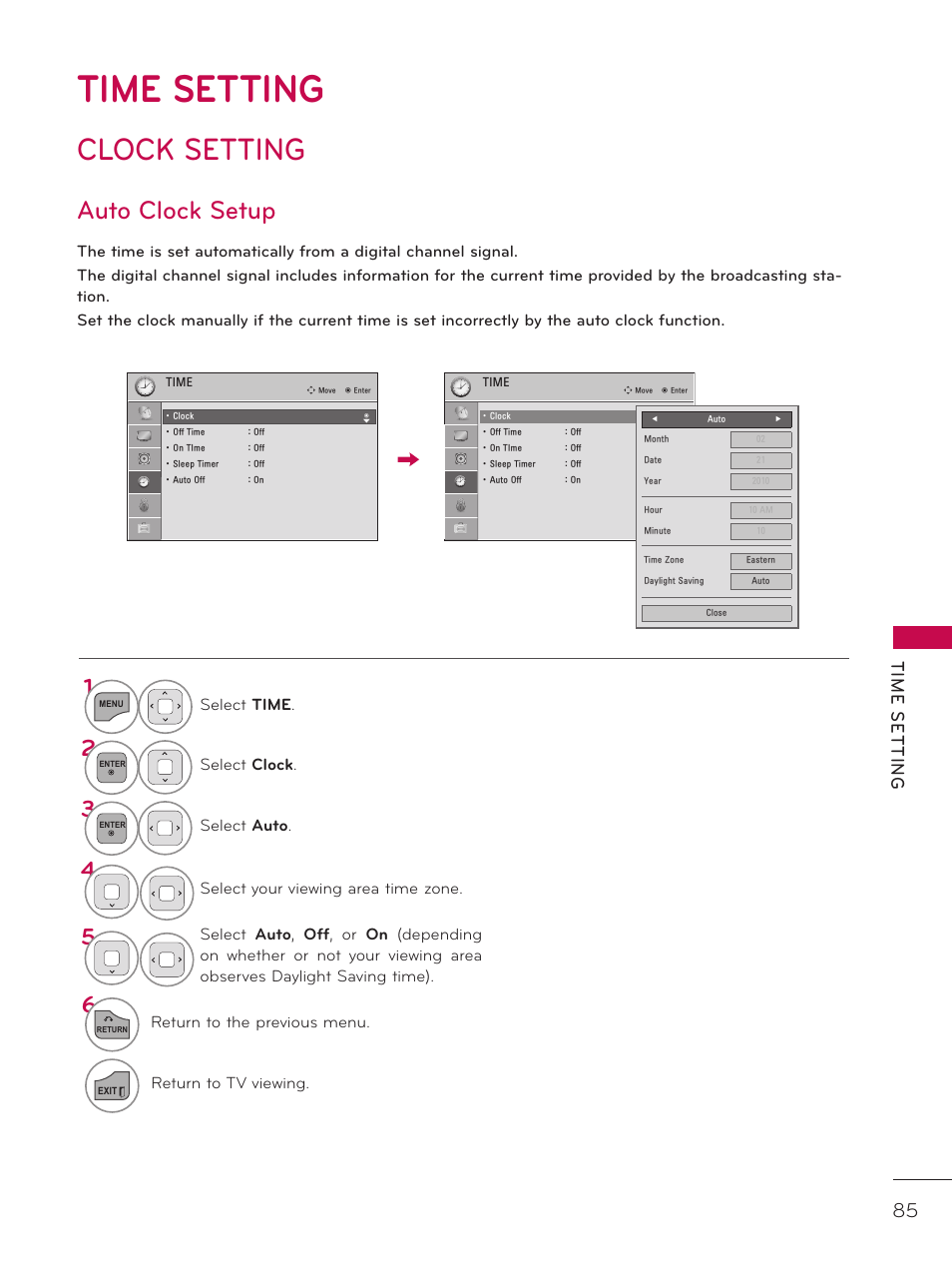 Time setting, Clock setting, Auto clock setup | Tim e s et tin g | LG 32LD340H User Manual | Page 85 / 317