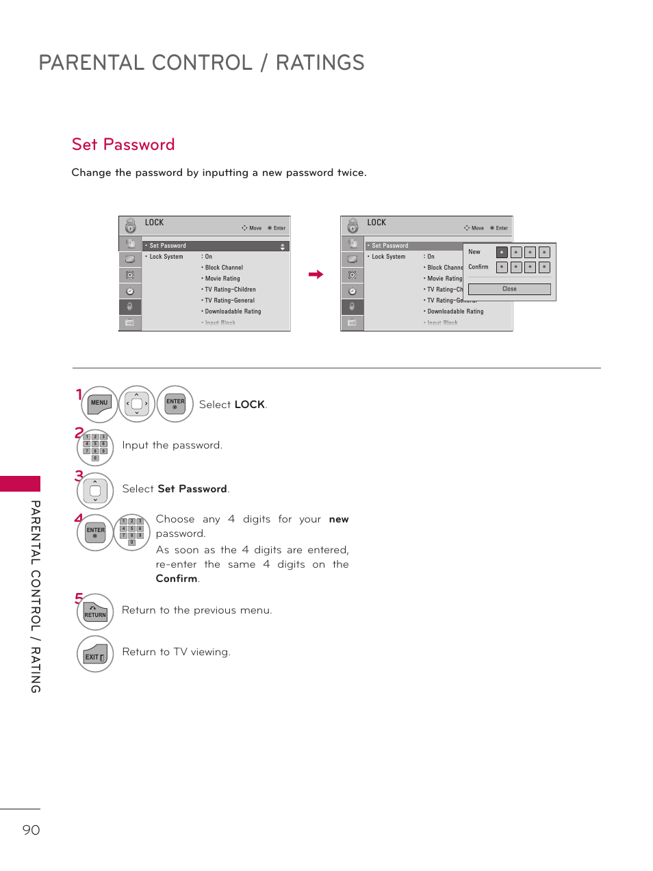 Set password, Parental control / ratings, Select lock | Input the password, Select set password, Return to the previous menu, Return to tv viewing | LG 32LD340H User Manual | Page 90 / 317