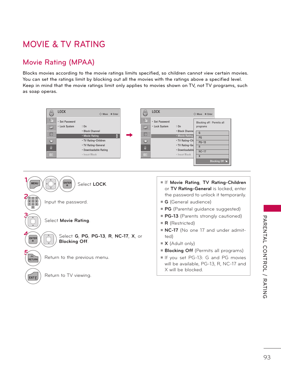 Movie & tv rating, Movie rating (mpaa) | LG 32LD340H User Manual | Page 93 / 317