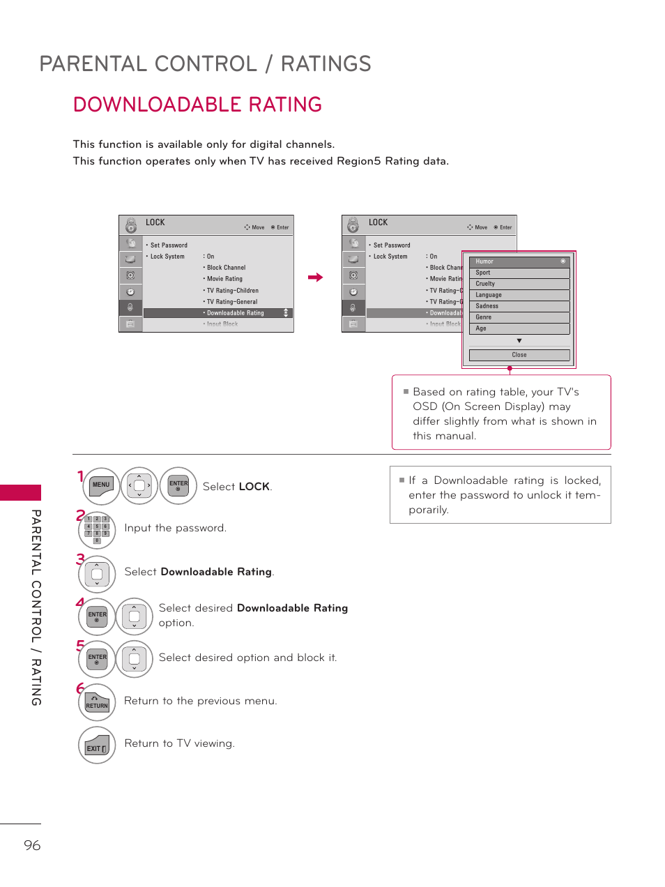Downloadable rating, Parental control / ratings | LG 32LD340H User Manual | Page 96 / 317
