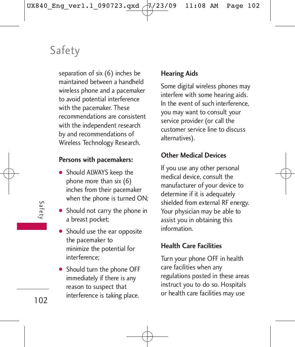 Safety | LG UX840 User Manual | Page 104 / 289