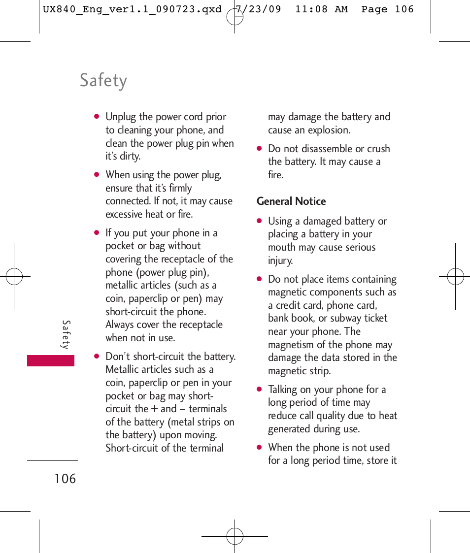 Safety, General notice | LG UX840 User Manual | Page 108 / 289