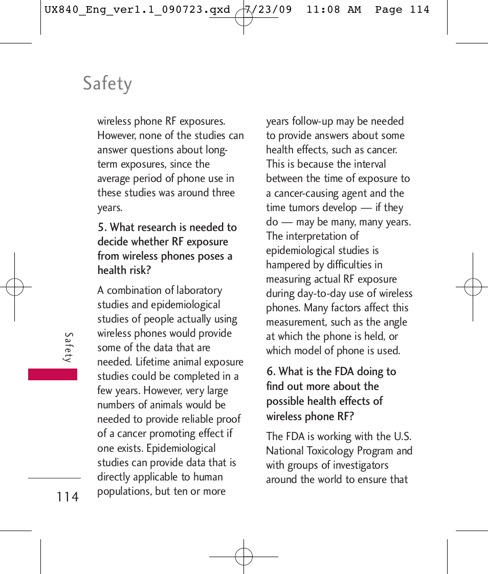 Safety | LG UX840 User Manual | Page 116 / 289