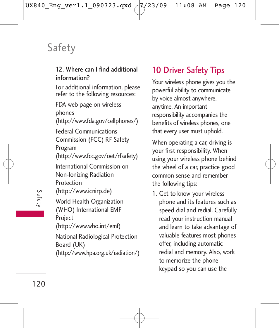 Safety, 10 driver safety tips | LG UX840 User Manual | Page 122 / 289