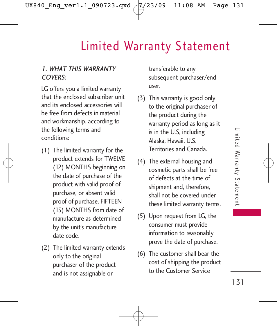 Limited warranty statement | LG UX840 User Manual | Page 133 / 289