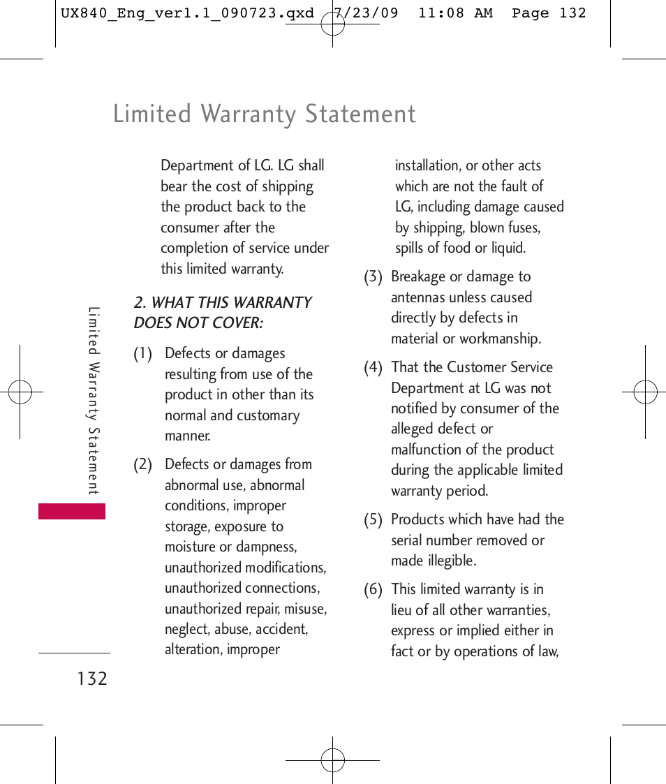 Limited warranty statement | LG UX840 User Manual | Page 134 / 289