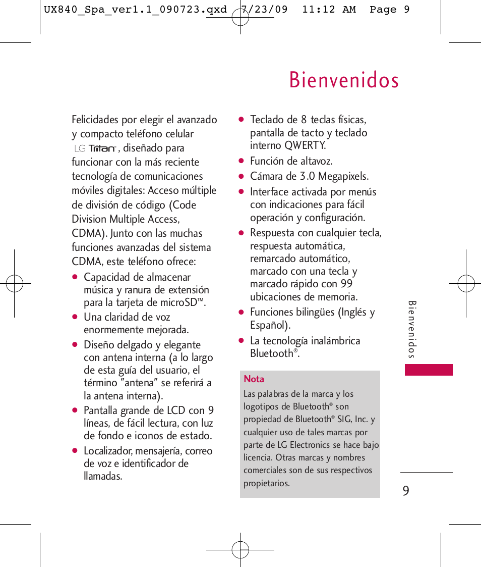 Bienvenidos, Una claridad de voz enormemente mejorada, Función de altavoz | Cámara de 3.0 megapixels, Funciones bilingües (inglés y español), La tecnología inalámbrica bluetooth | LG UX840 User Manual | Page 149 / 289