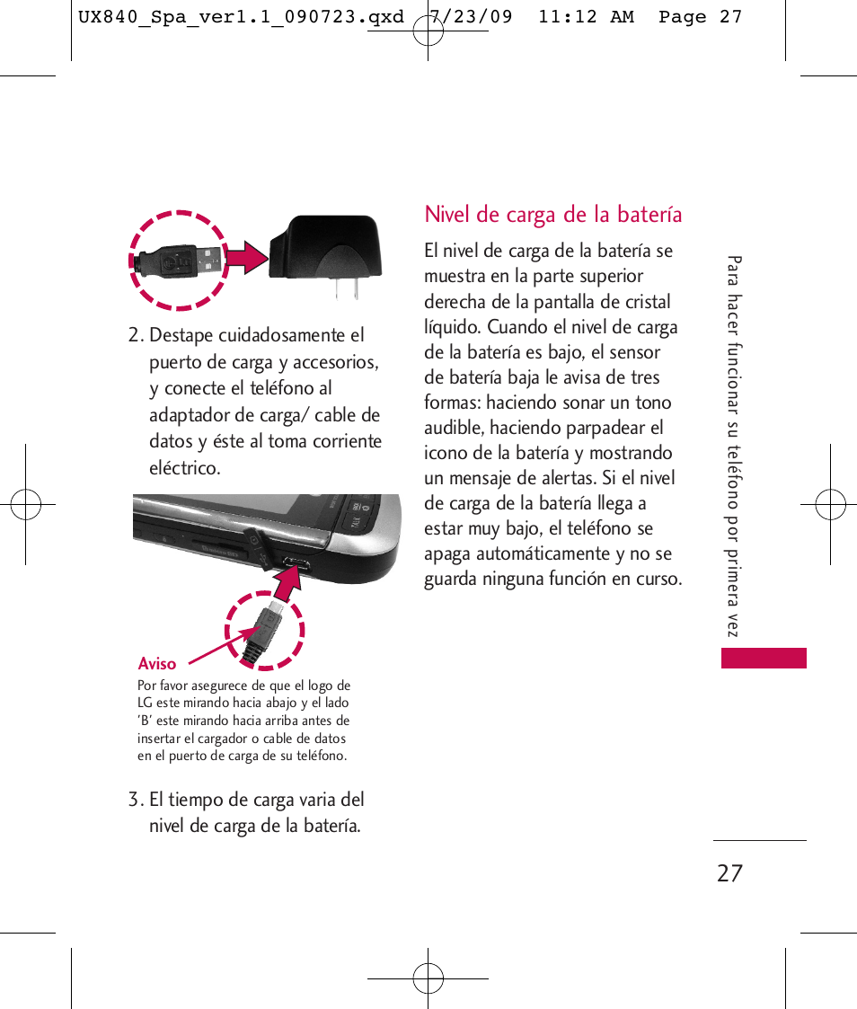 Nivel de carga de la batería | LG UX840 User Manual | Page 167 / 289