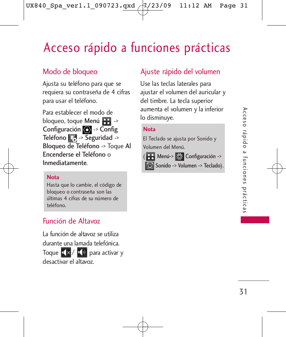 Acceso rápido a funciones prácticas, Modo de bloqueo, Función de altavoz | Ajuste rápido del volumen | LG UX840 User Manual | Page 171 / 289