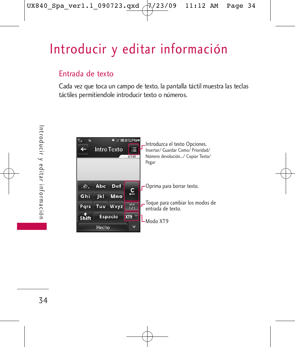 Introducir y editar información, Entrada de texto | LG UX840 User Manual | Page 174 / 289