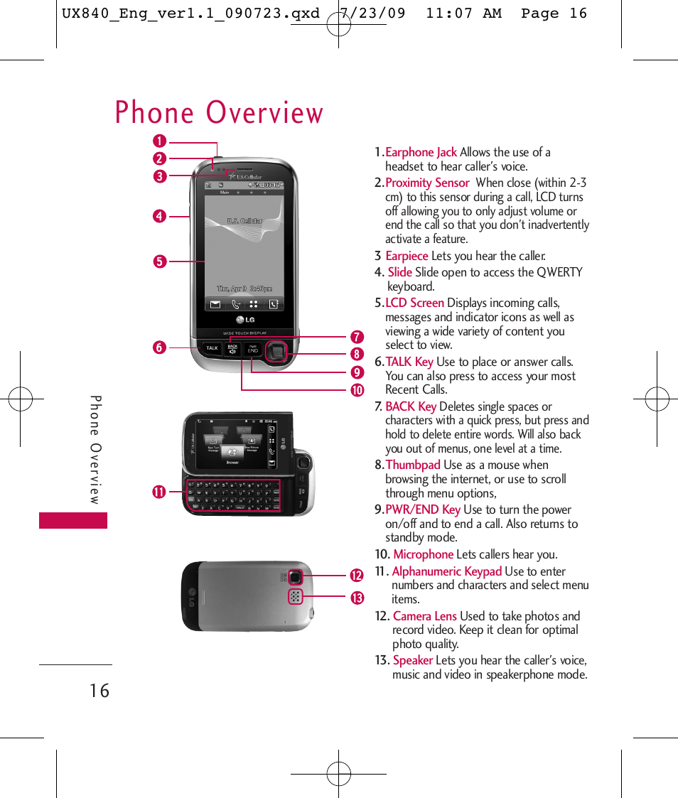 Phone overview | LG UX840 User Manual | Page 18 / 289