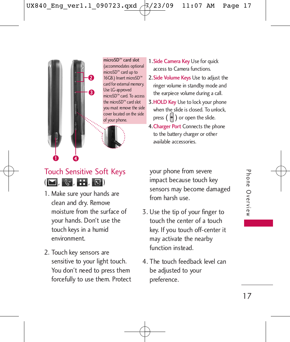 Touch sensitive soft keys | LG UX840 User Manual | Page 19 / 289