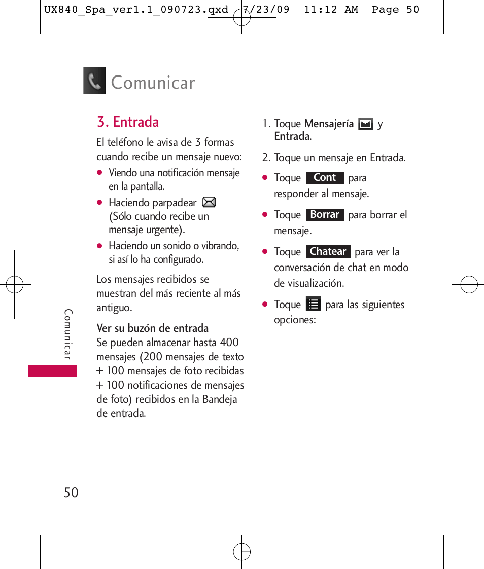 Comunicar, Entrada | LG UX840 User Manual | Page 190 / 289