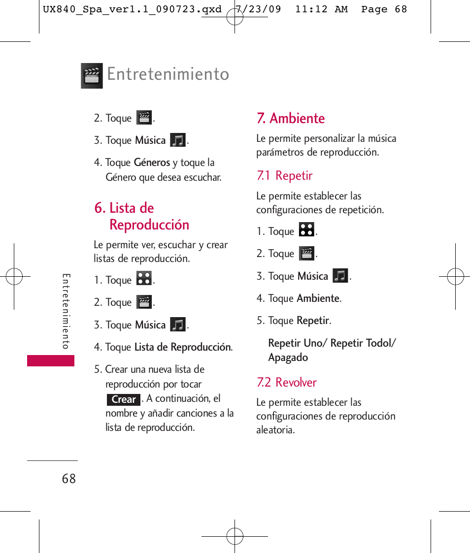 Entretenimiento, Lista de reproducción, Ambiente | 1 repetir, 2 revolver | LG UX840 User Manual | Page 208 / 289