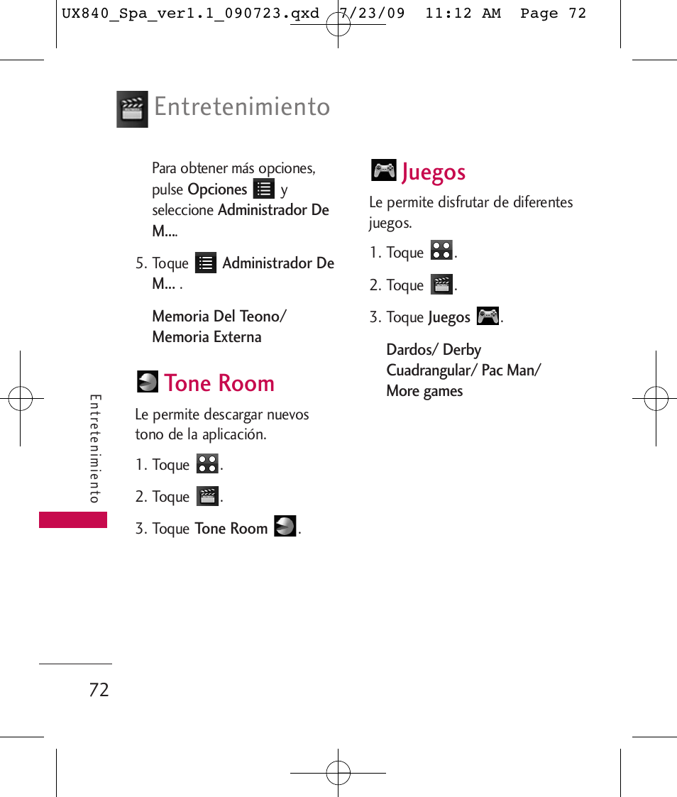 Entretenimiento, Tone room, Juegos | LG UX840 User Manual | Page 212 / 289