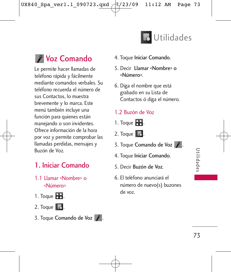 Utilidades, Voz comando, Iniciar comando | LG UX840 User Manual | Page 213 / 289