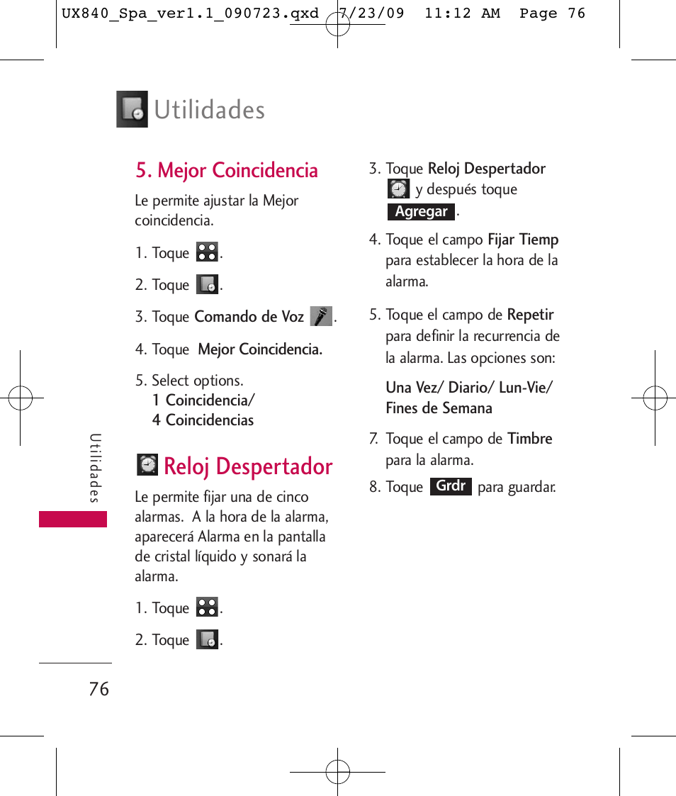 Utilidades, Reloj despertador, Mejor coincidencia | LG UX840 User Manual | Page 216 / 289