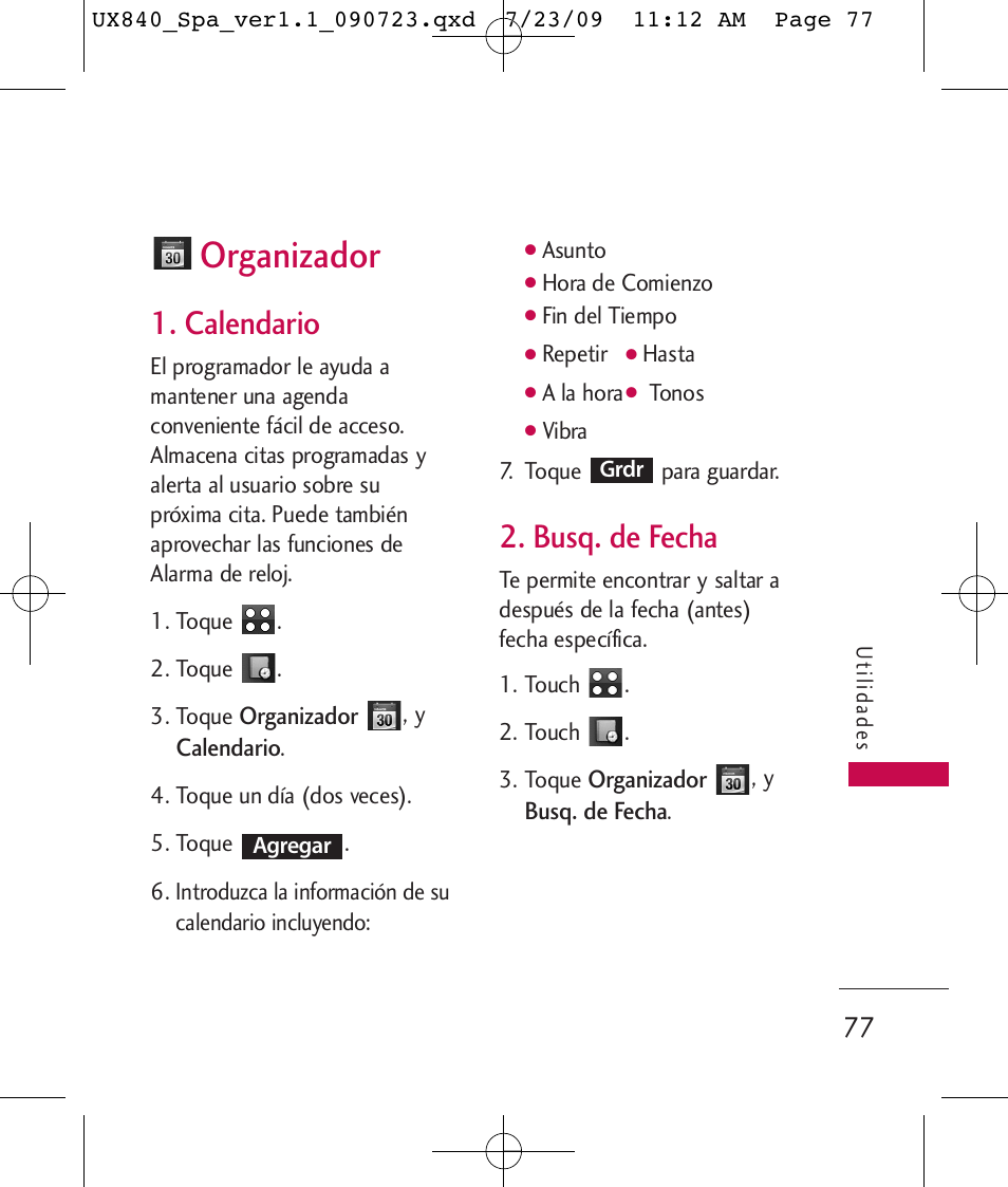 Organizador, Calendario, Busq. de fecha | LG UX840 User Manual | Page 217 / 289