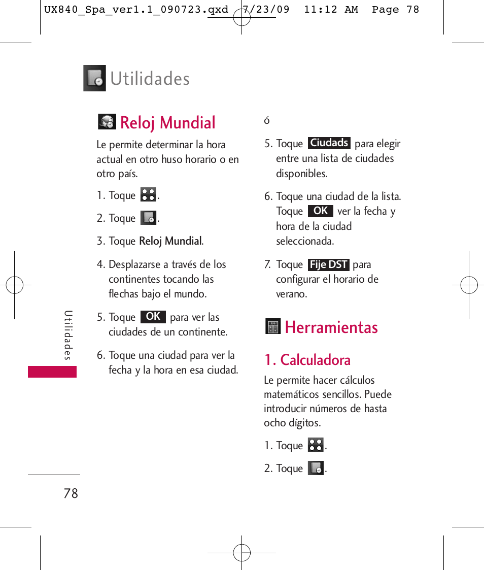 Utilidades, Reloj mundial, Herramientas | Calculadora | LG UX840 User Manual | Page 218 / 289