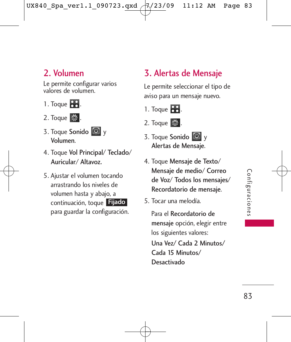 Volumen, Alertas de mensaje | LG UX840 User Manual | Page 223 / 289