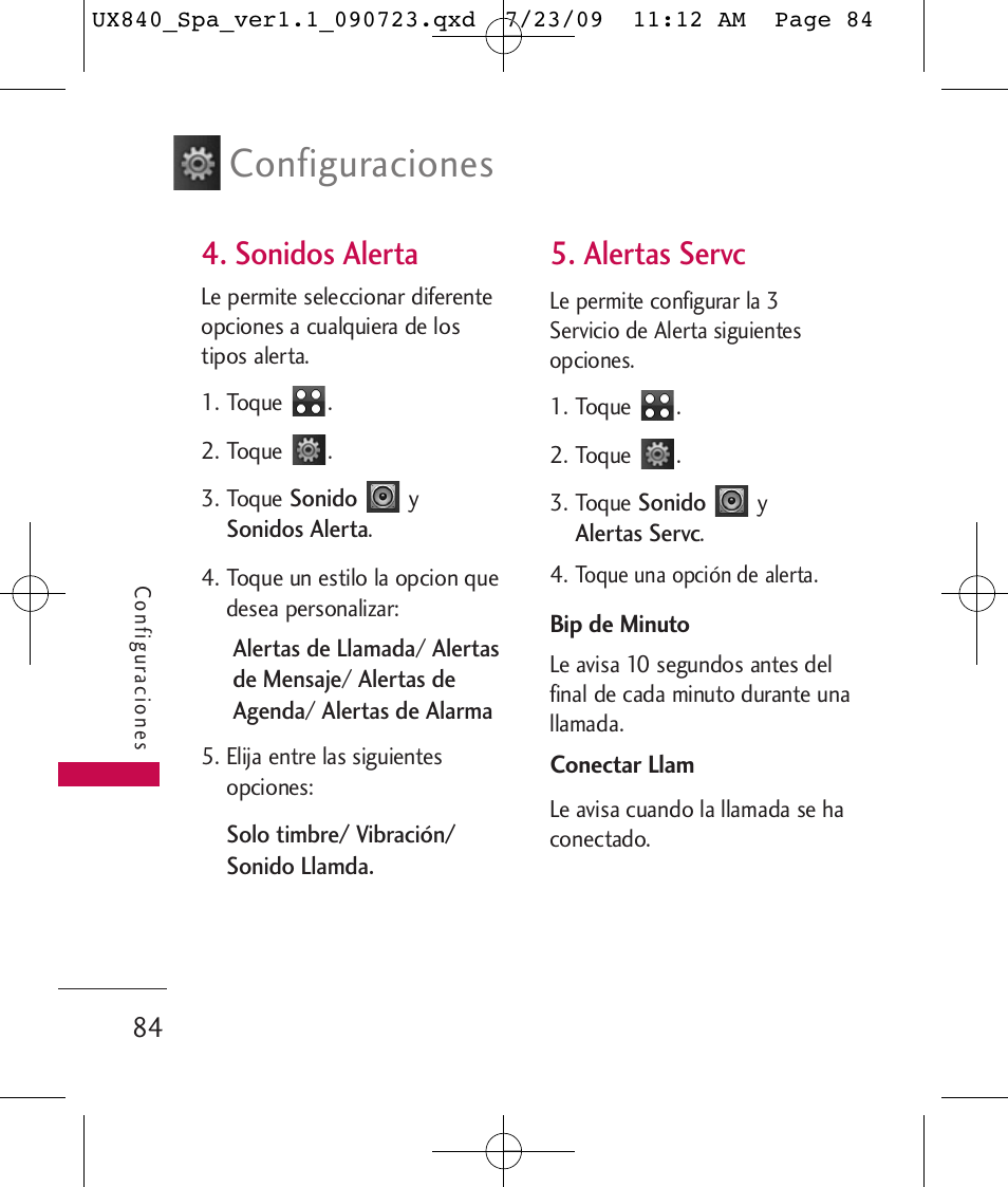 Configuraciones, Sonidos alerta, Alertas servc | LG UX840 User Manual | Page 224 / 289