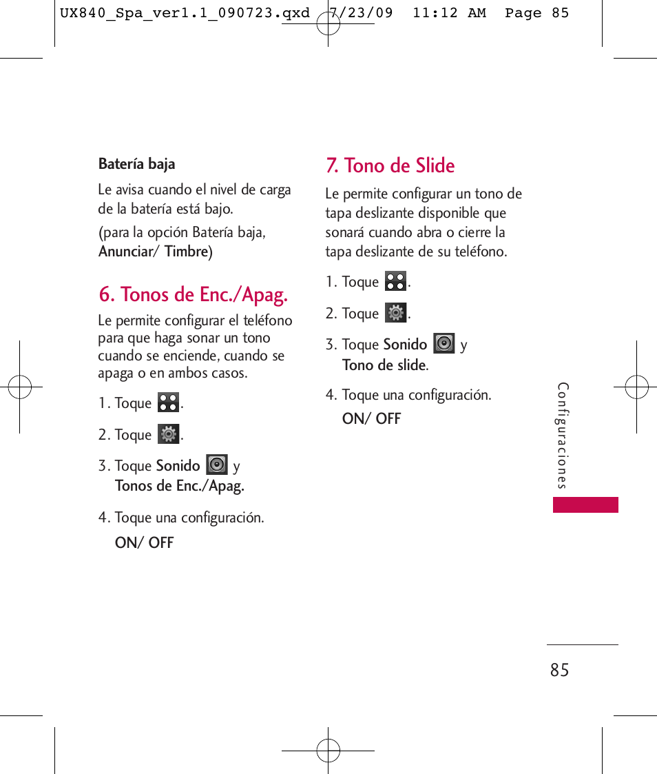 Tonos de enc./apag, Tono de slide | LG UX840 User Manual | Page 225 / 289