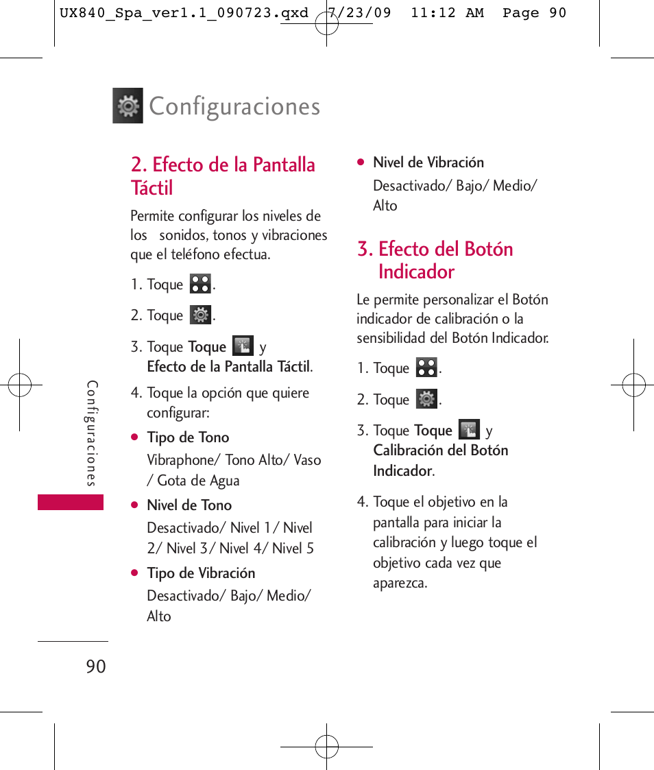 Configuraciones, Efecto de la pantalla táctil, Efecto del botón indicador | LG UX840 User Manual | Page 230 / 289