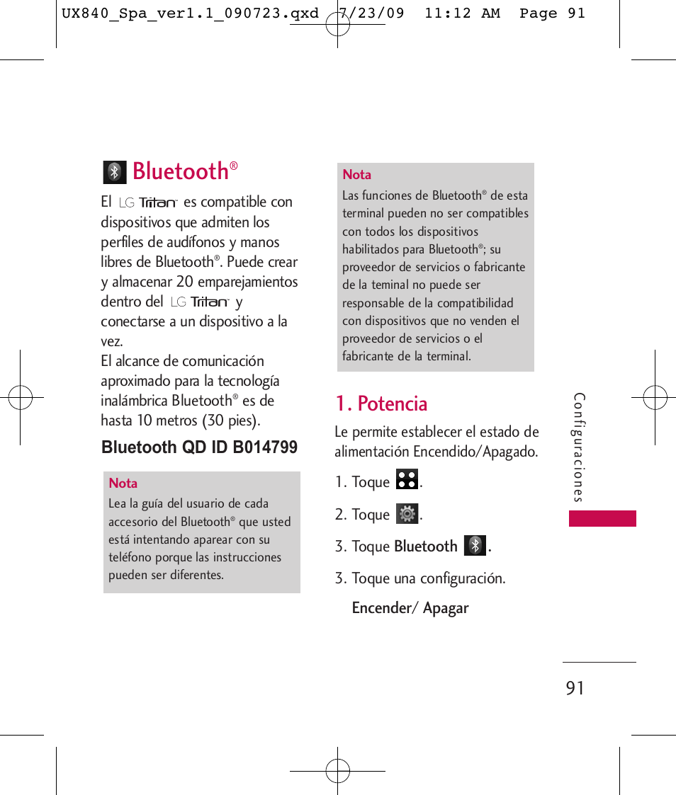 Bluetooth, Potencia | LG UX840 User Manual | Page 231 / 289