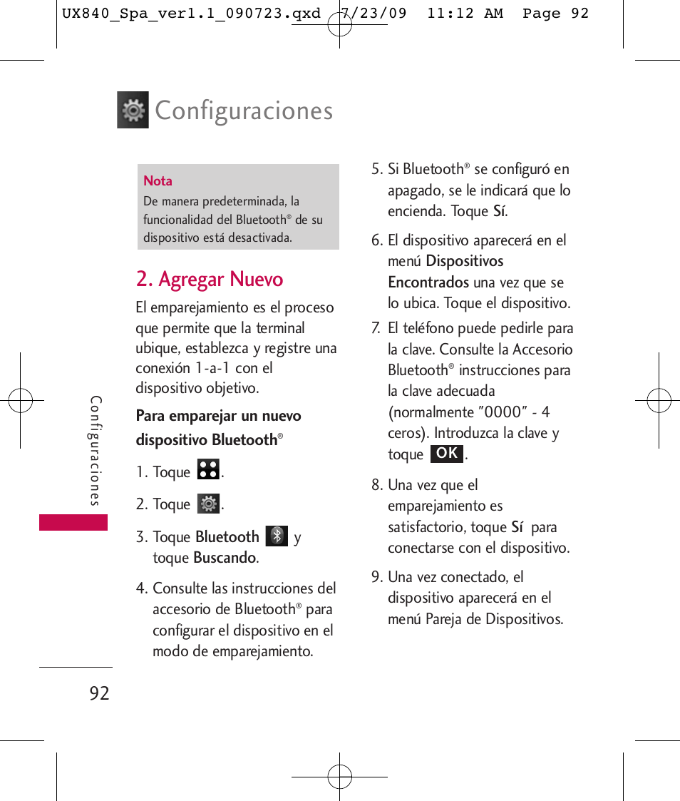 Configuraciones, Agregar nuevo | LG UX840 User Manual | Page 232 / 289