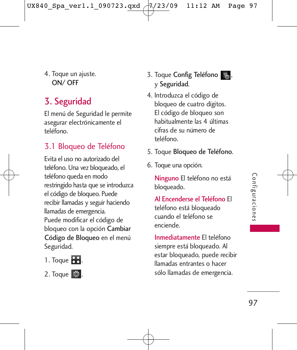 Seguridad, 1 bloqueo de teléfono | LG UX840 User Manual | Page 237 / 289