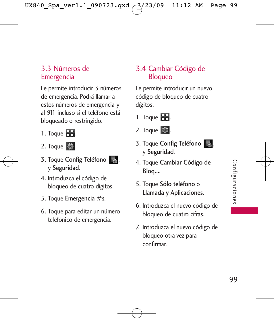 3 números de emergencia, 4 cambiar código de bloqueo | LG UX840 User Manual | Page 239 / 289