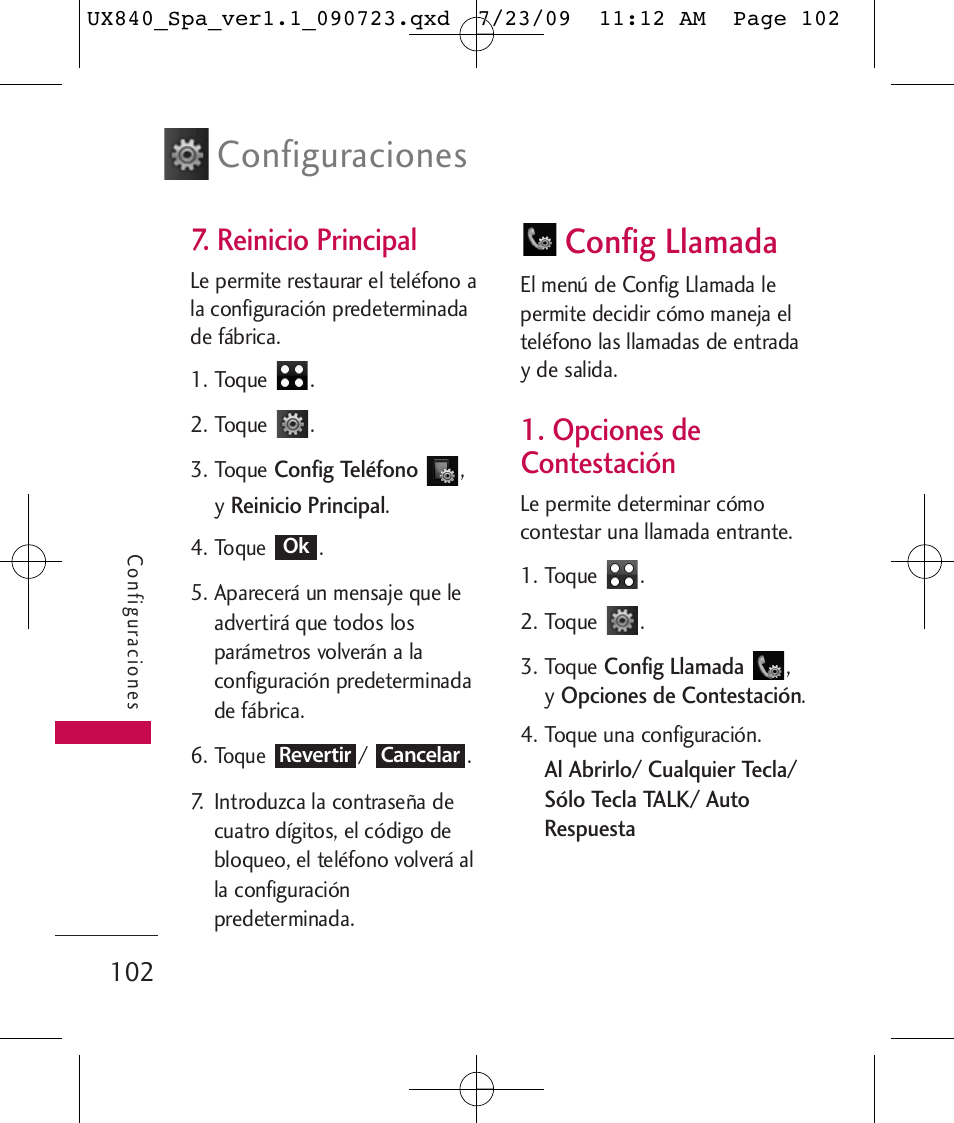 Configuraciones, Config llamada, Reinicio principal | Opciones de contestación | LG UX840 User Manual | Page 242 / 289