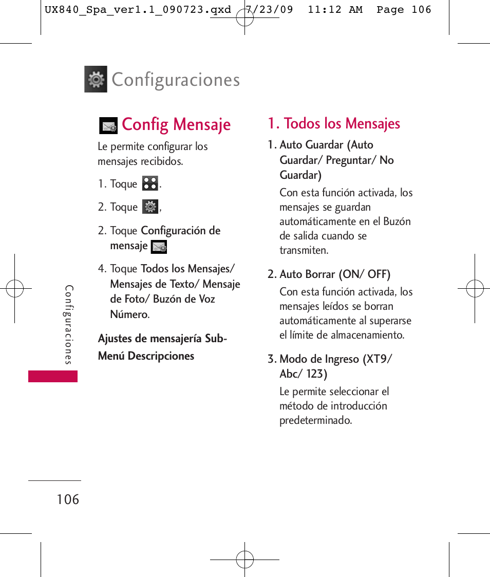 Configuraciones, Config mensaje, Todos los mensajes | LG UX840 User Manual | Page 246 / 289