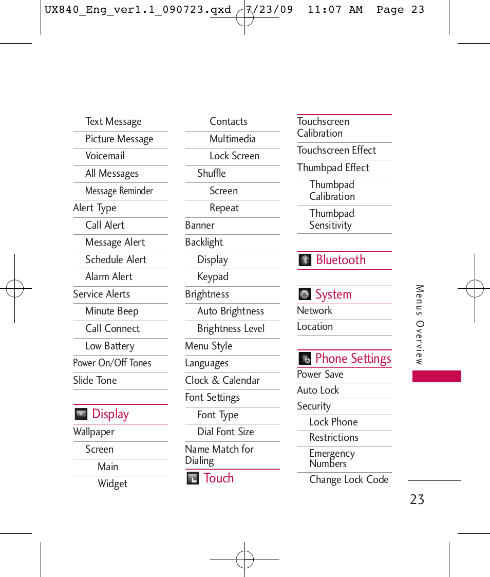 Display, Touch, Bluetooth system | Phone settings | LG UX840 User Manual | Page 25 / 289