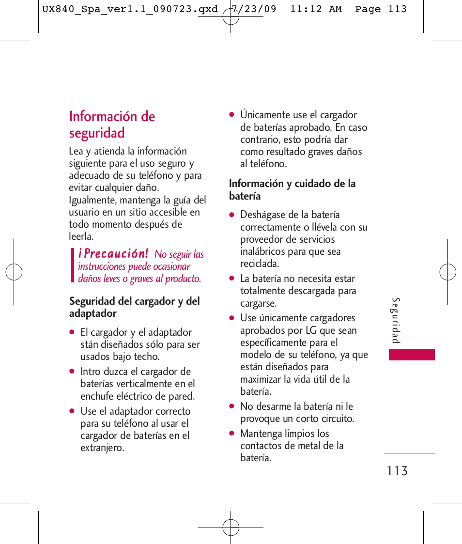 Información de seguridad, Pprreeccaauucciióónn | LG UX840 User Manual | Page 253 / 289