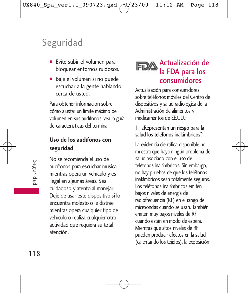 Seguridad, Actualización de la fda para los consumidores | LG UX840 User Manual | Page 258 / 289